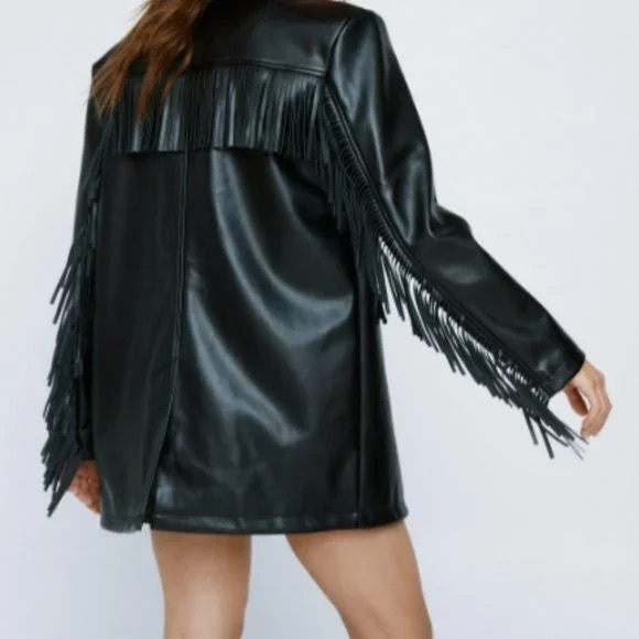 NWT Nasty Gal Black Faux Leather Fringe Longline Blazer Size